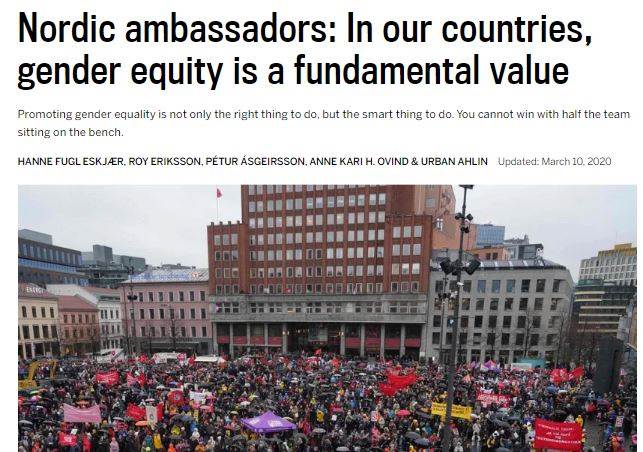 The Nordic ambassadors published an article on gender equity on the occasion of the International Women's Day. - mynd