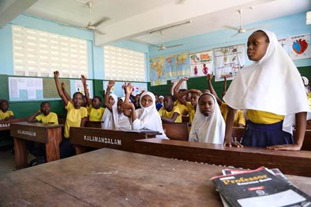 Students in Primary Seven at Zanaki Primary School in Dar es Salaam, Tanzania, during an English language class