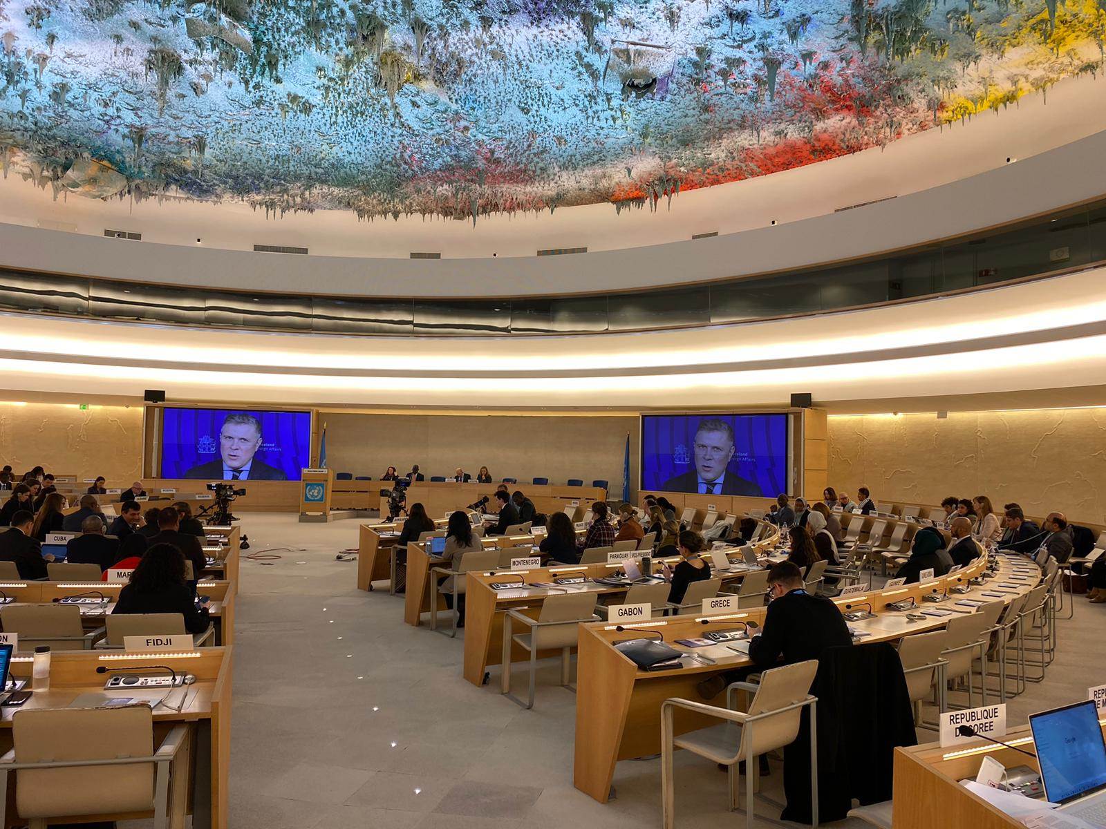 Foreign Minister Bjarni Benediktsson addresses the United Nations Human Rights Council in Geneva. - mynd